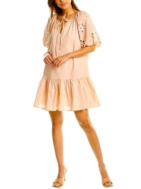 Fate Peach Linen Blend Eyelet Puff Sleeve Mini Dress Size M